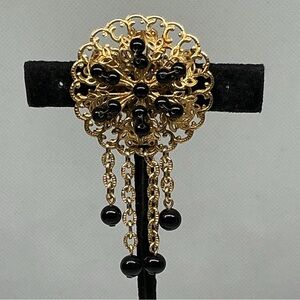 Vintage Victorian Revival Filigree Brooch Wired Black Glass Beads & Tassels